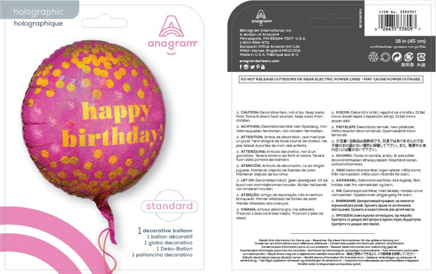 Hot Pink & Gold Dots Holographic Happy Birthday, 18" Balloon
