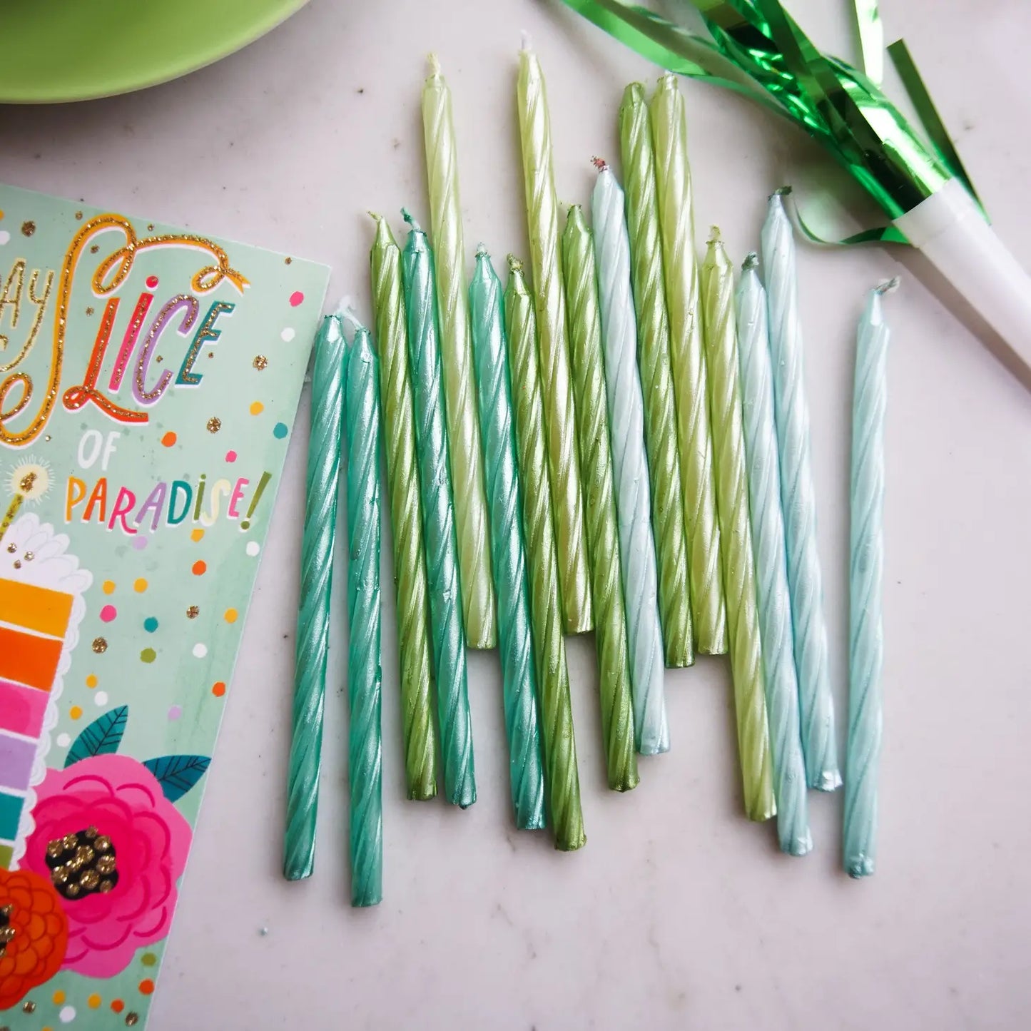Tall Green/Teal Pearl Spiral 16 Candle Set