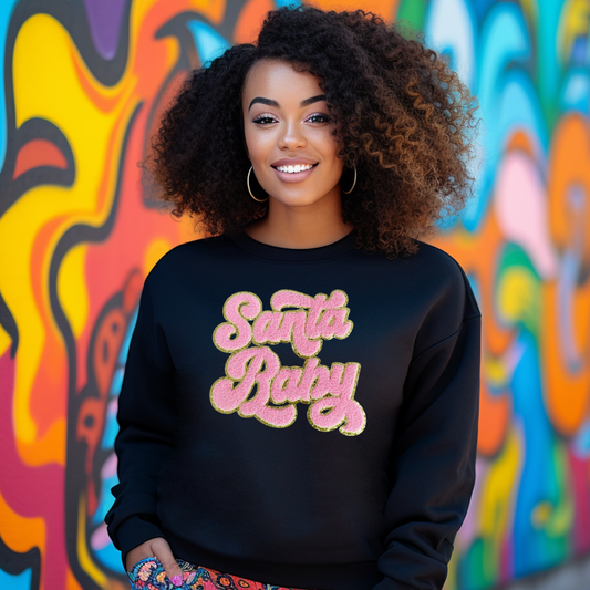 Chenille Pink Santa Baby Black Sweatshirt