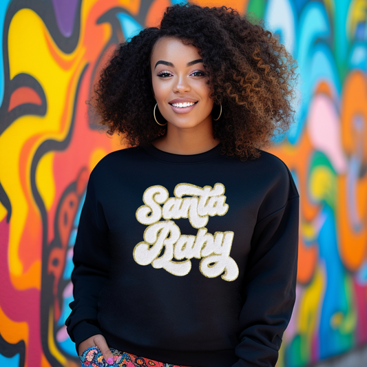 Chenille White Santa Baby Black Sweatshirt