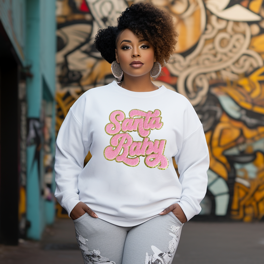 Chenille Pink Santa Baby White Sweatshirt