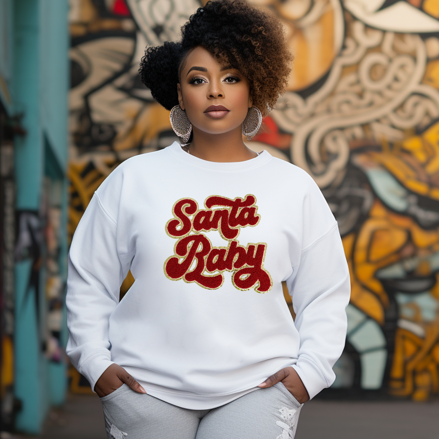 Chenille Red Santa Baby White Sweatshirt