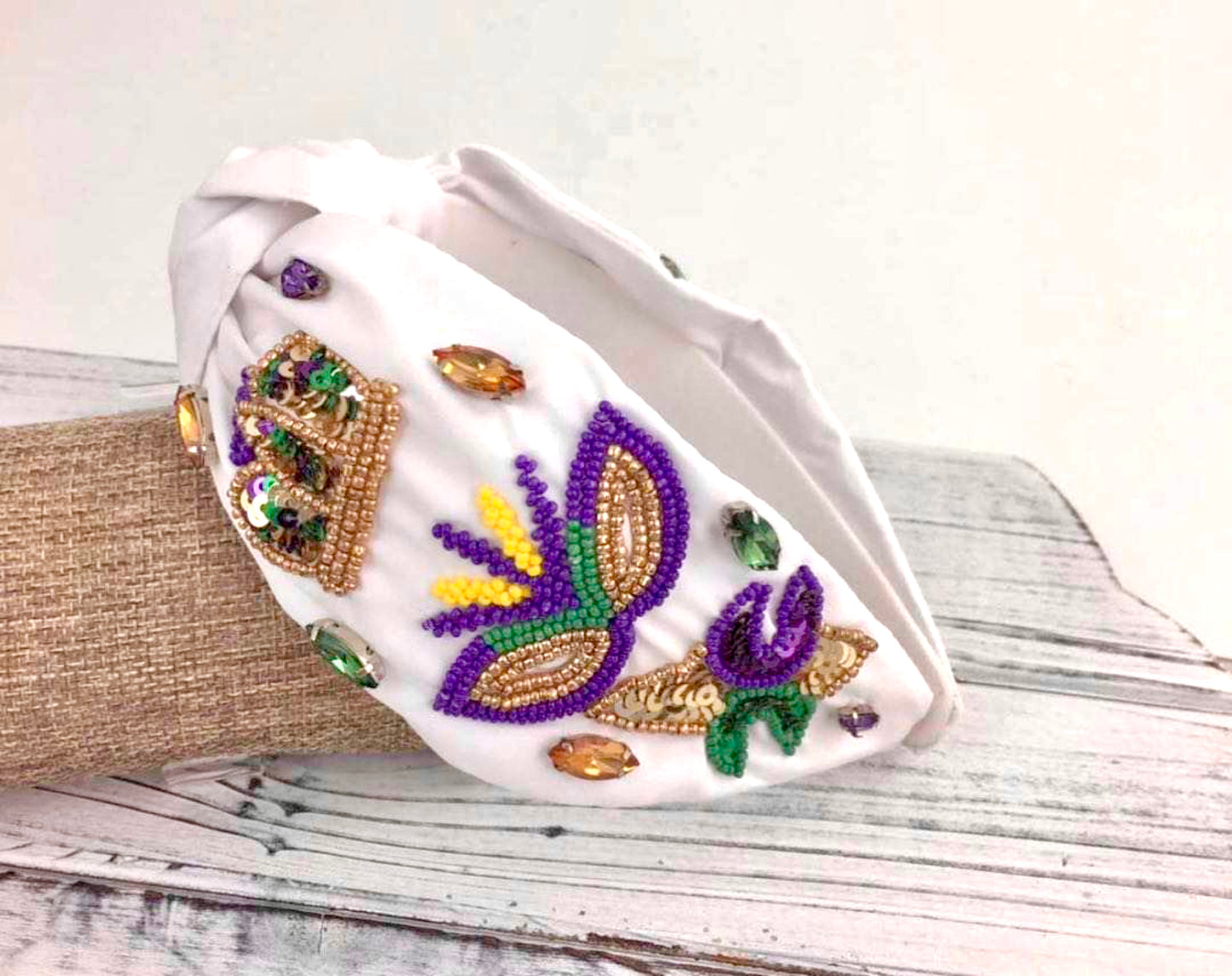 Mardi Gras White Beaded Headband
