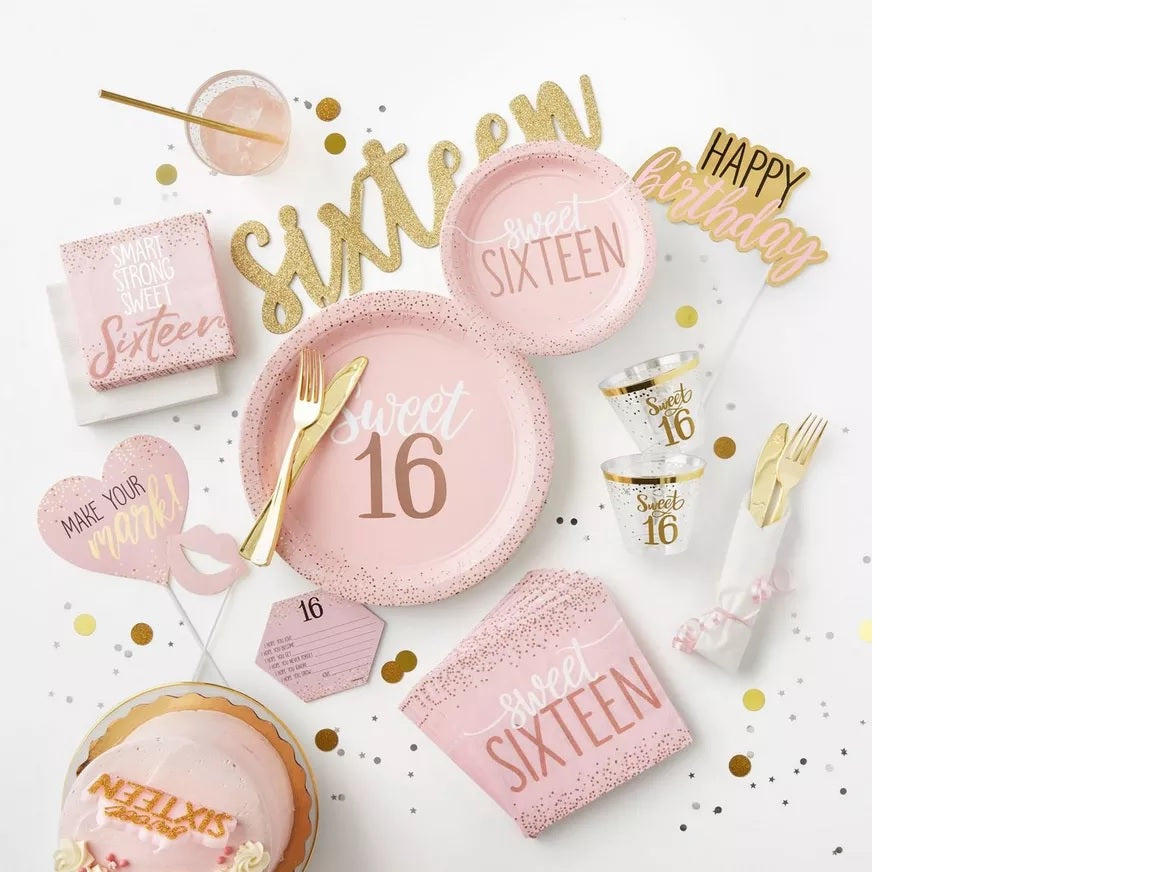 Metallic Rose Gold & Pink Sweet 16 Dinner Plates 8ct (10 1/2in Paper Plates)