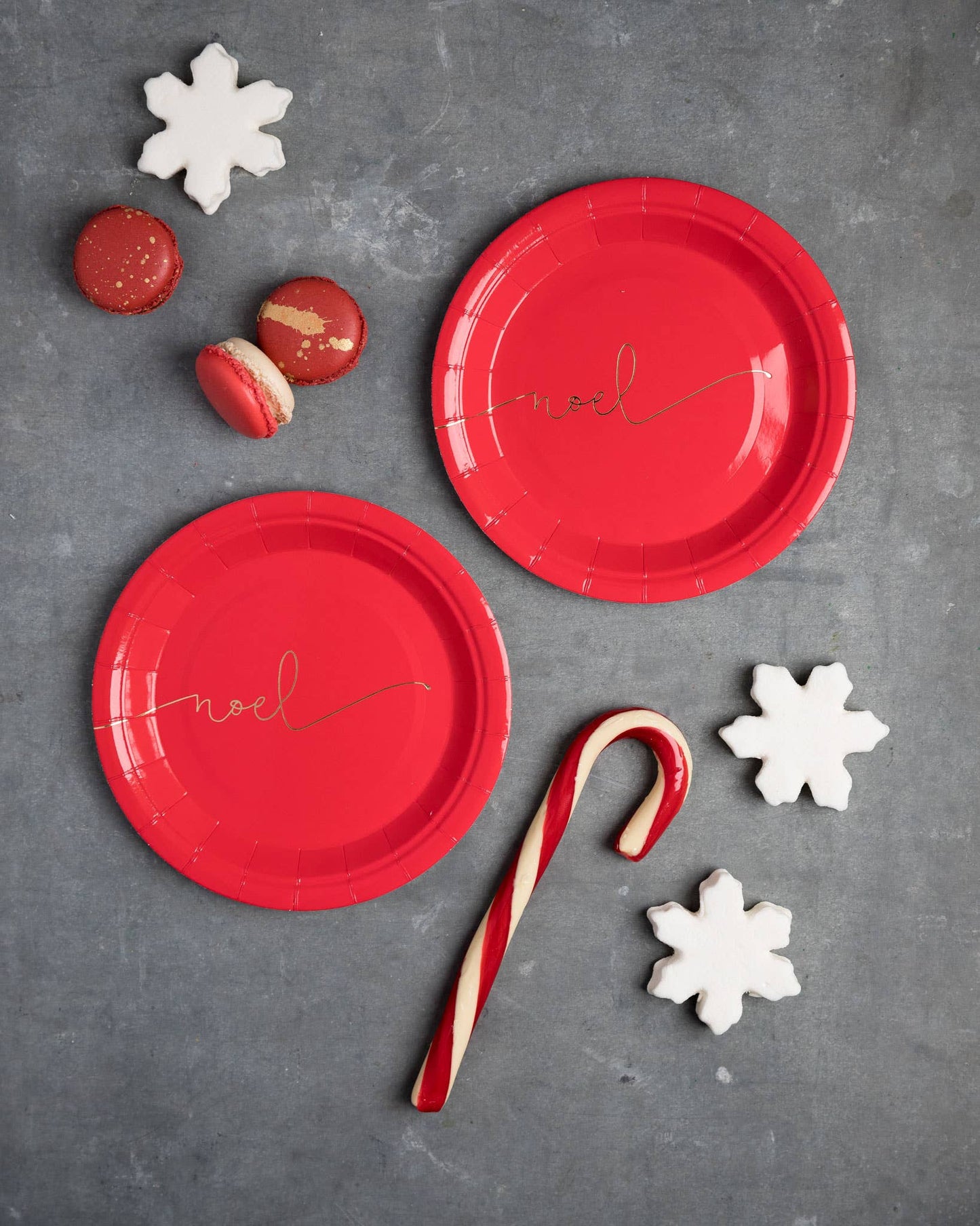 Red Noel 7" Plates, Set of 8, Christmas Bell Plates with Gold Foil Details*