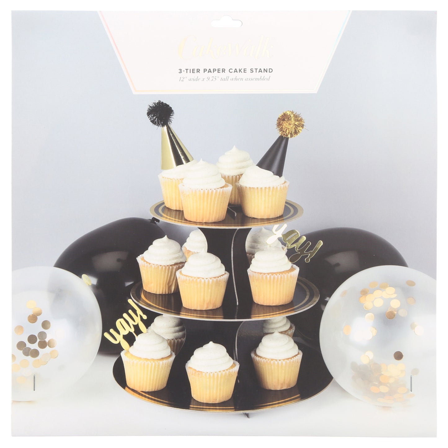 Noir and Gold Paper Cake Stand: 12" wide x 9.75" tall