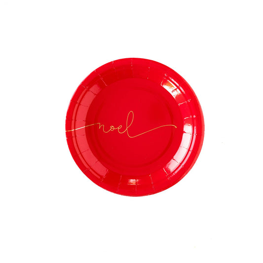 Red Noel 7" Plates, Set of 8, Christmas Bell Plates with Gold Foil Details*
