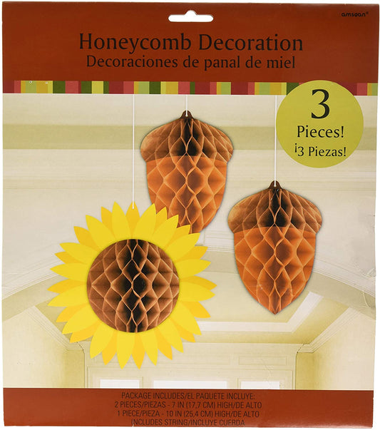 Fall Icons Hanging Honeycomb Decorations with Acorns & Sunflower - 1 Pack