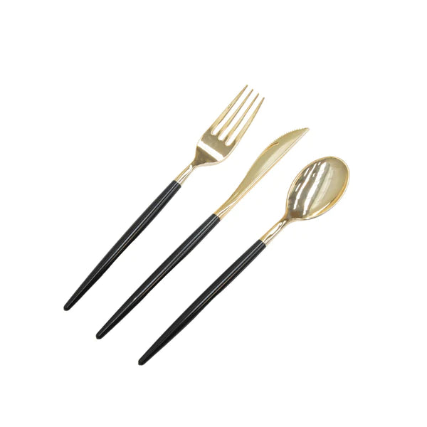 Black • Gold Plastic Cutlery Set | 32 Pieces