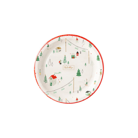 Cozy Lodge Winter Scene 8" Plates, Set of 8, with Gold Foil Details*
