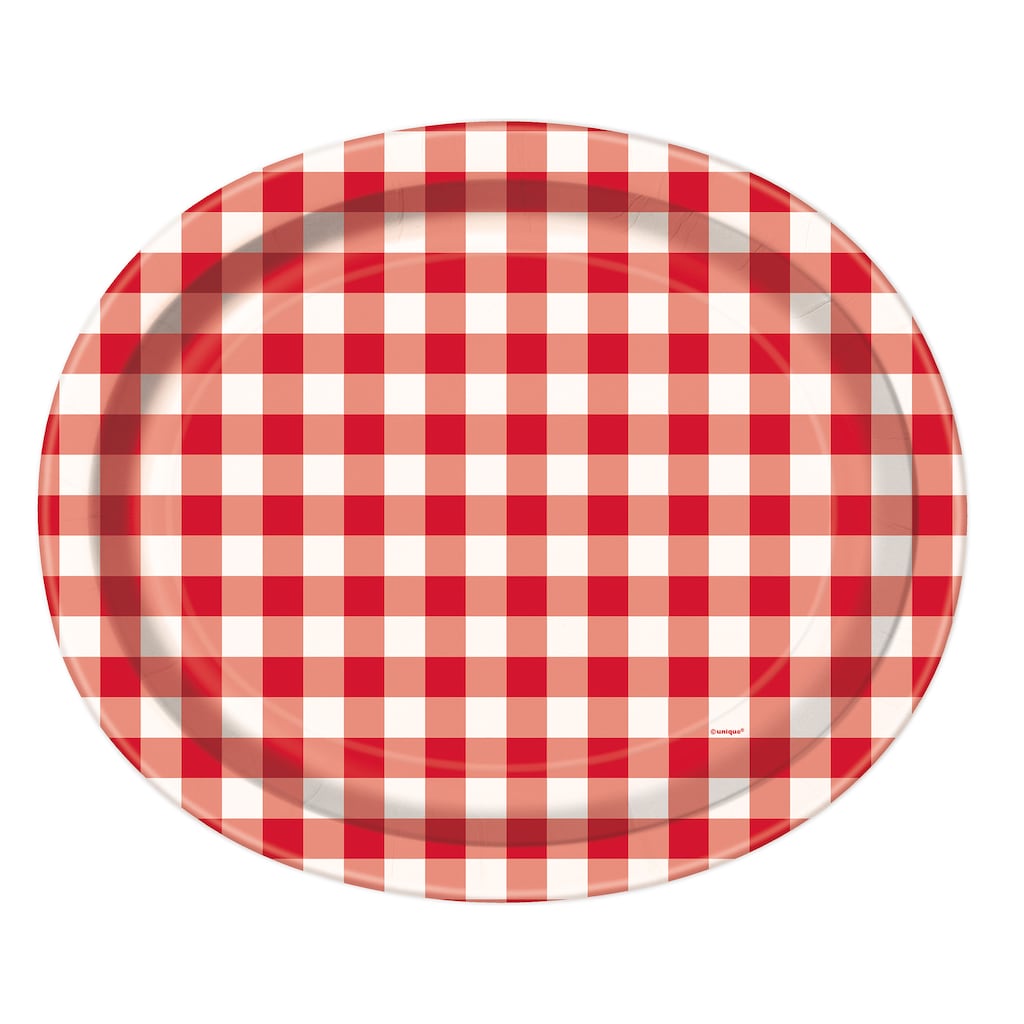 12" Oval Red Gingham Dinner Plates, 8ct