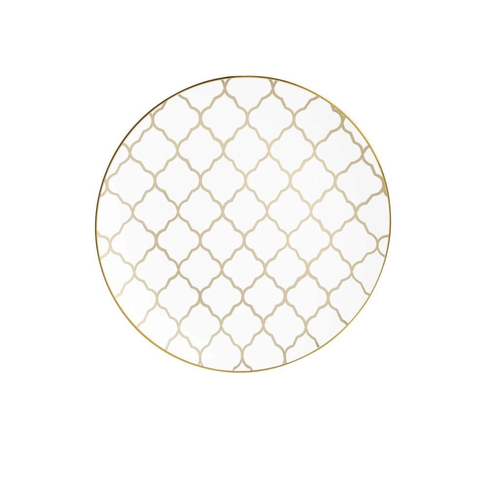 Round White • Gold Lattice Pattern Plastic Plates | 10 Pack