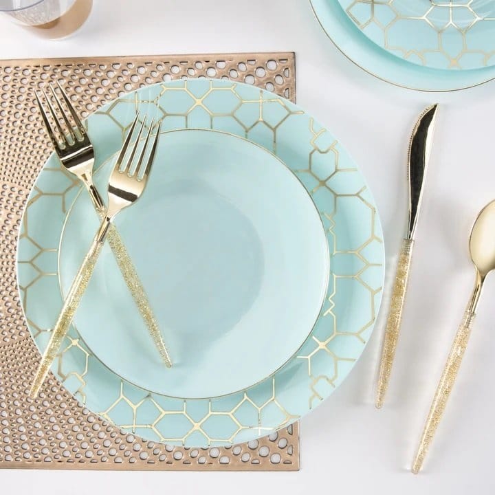 Mint • Gold Round Plastic Plates | 10 Pack