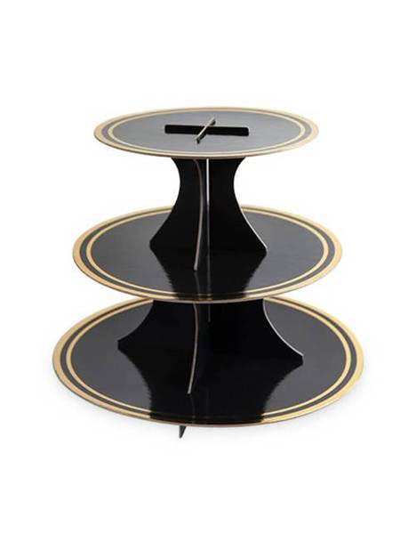Noir and Gold Paper Cake Stand: 12" wide x 9.75" tall