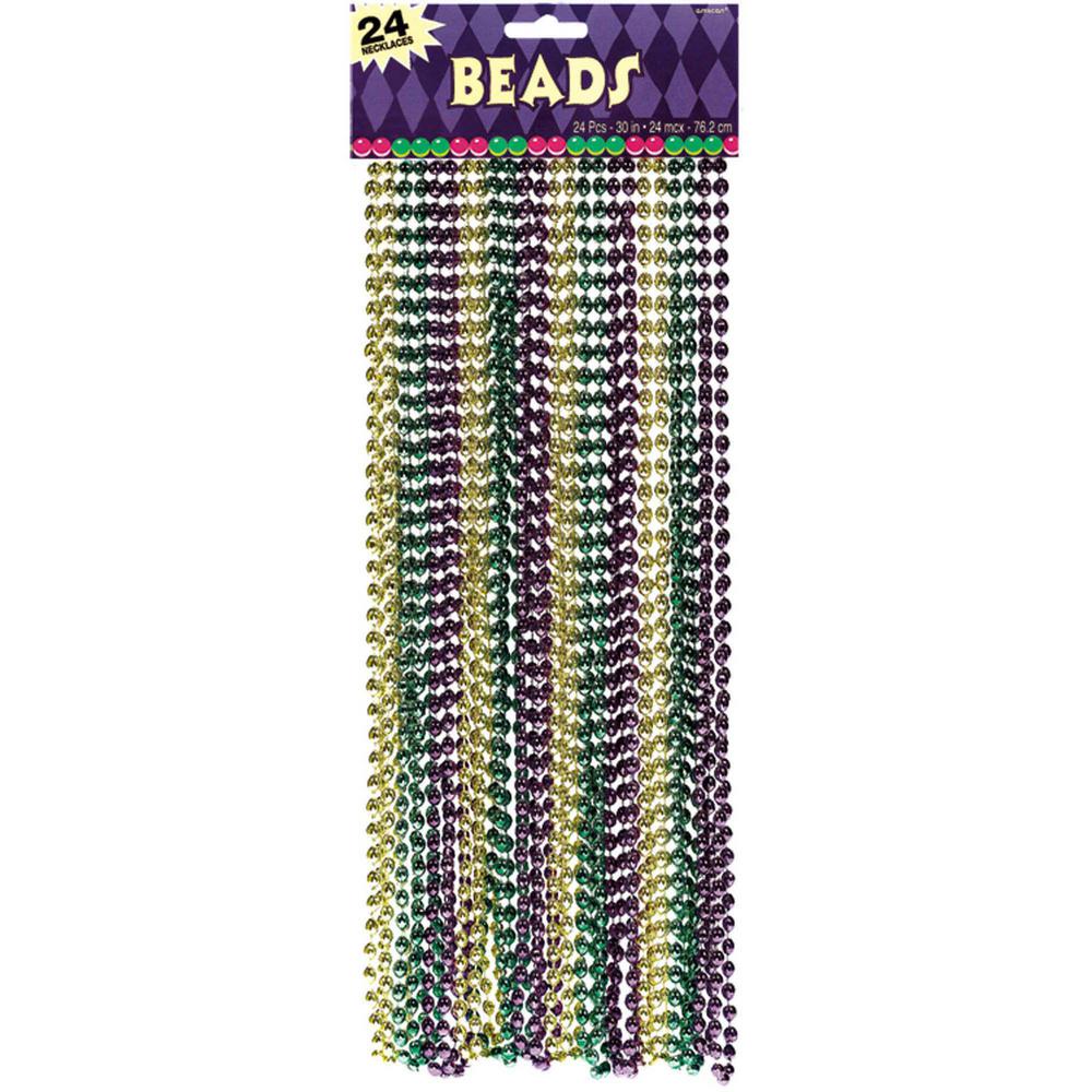 Green, Purple and Gold Plastic Mardi Gras Bead Necklaces (24-Count)
