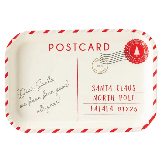 Dear Santa Postcard 10" Shaped Plates, Set of 8, with a touch of Gold Foil Details*