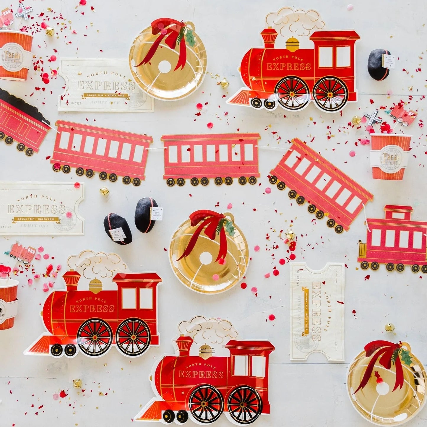 North Pole Express 7" Shaped Jingle Bell Plates, Set of 8 Christmas Bell Plates with Gold Foil Details*