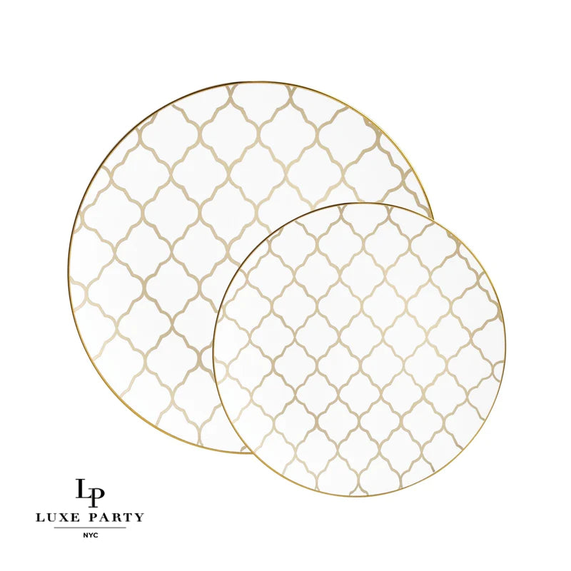 Round White • Gold Lattice Pattern Plastic Plates | 10 Pack
