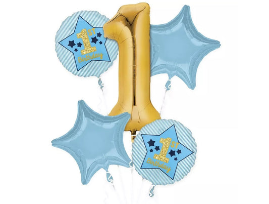 Metallic Gold & Blue 1st Birthday Balloon Bouquet 5pc