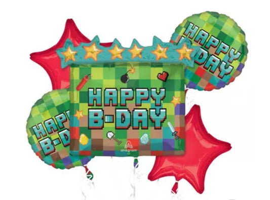 Pixel Party Birthday Foil Balloon Bouquet, 5pc