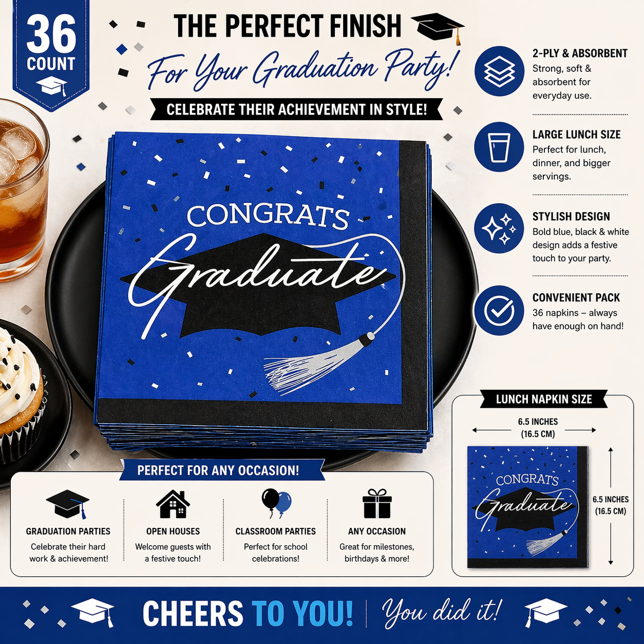Graduation Napkins Blue “Congrats Graduate” | 36 Count Large Lunch Nap ...