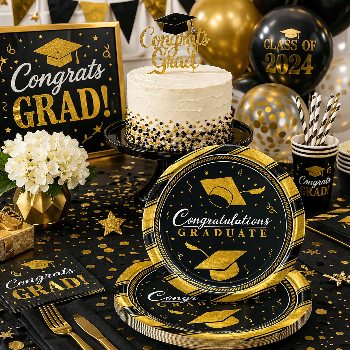 Gold Graduation Party Plates 7in, 8 Pack, Congrats Grad Plates, Black ...