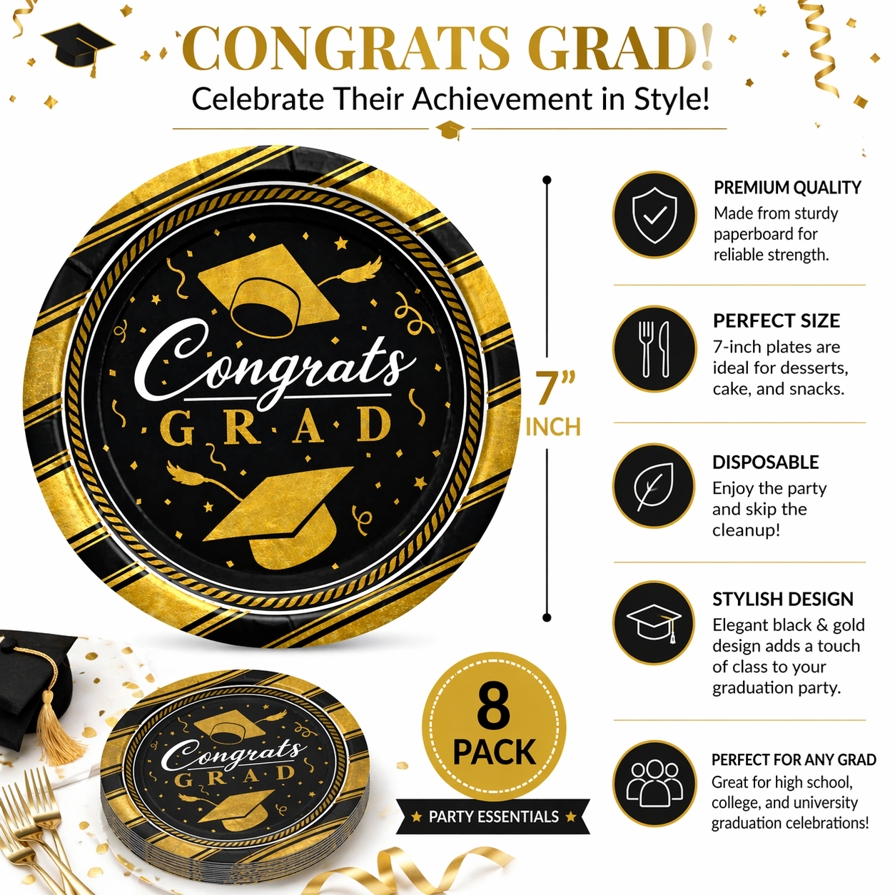 Grad Plate Gold Graduation Party Plates 7in, 8 Pack, Congrats Grad Plates, Black ...