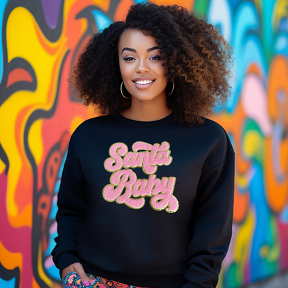 Chenille Pink Santa Baby Black Sweatshirt