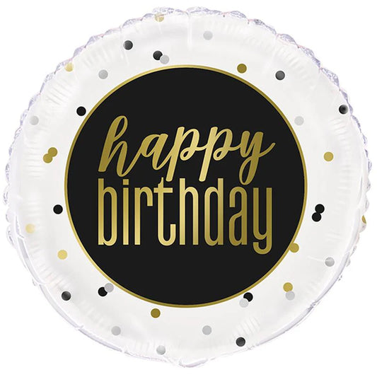 Happy Birthday Metallic Gold, Silver & Black Dots, 18" Balloon*