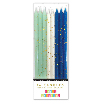 Tall Blue Tones Gold Glitter 16 Candle Set