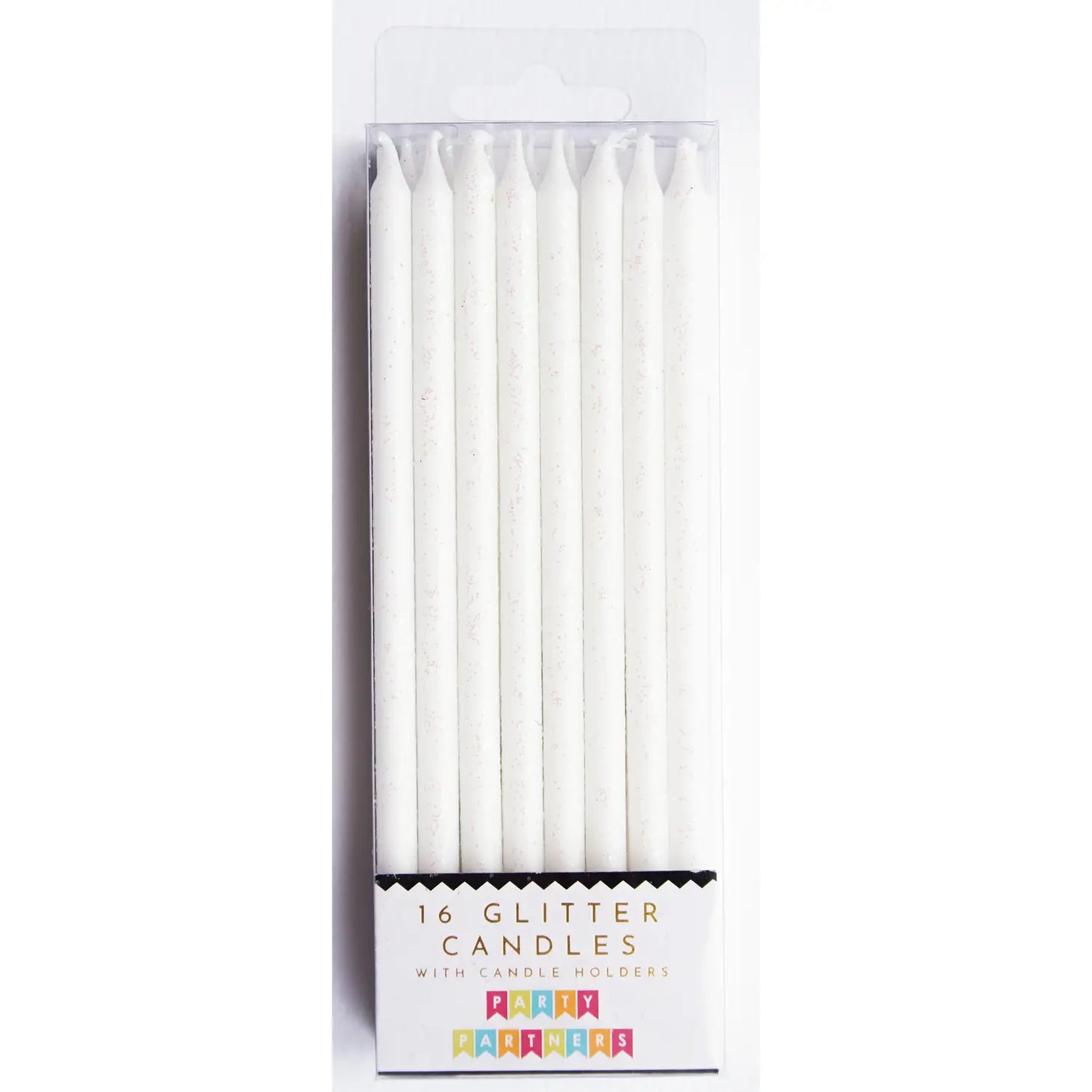 Tall White Glitter 16 Candle Set