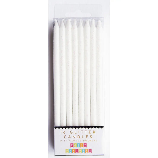 Tall White Glitter 16 Candle Set