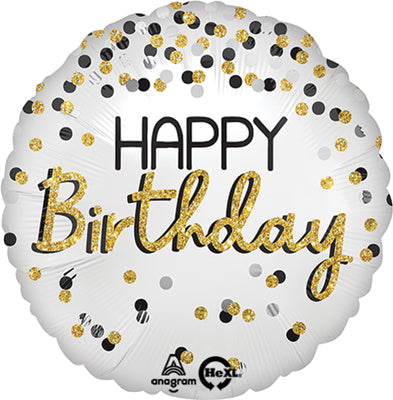 Happy Birthday Black Silver Gold Confetti, 18" Balloon*
