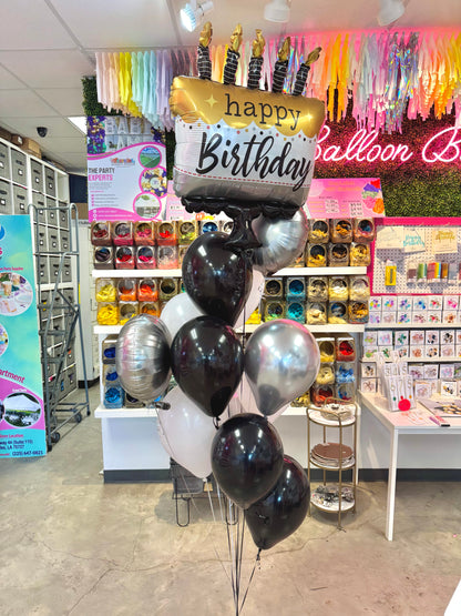 Happy Birthday Black/Gold/Silver (13pc) Balloon Bouquet*