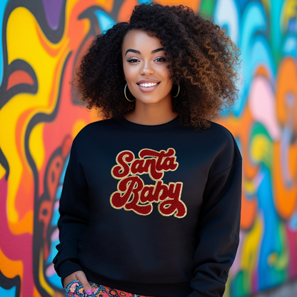 Chenille Red Santa Baby Black Sweatshirt