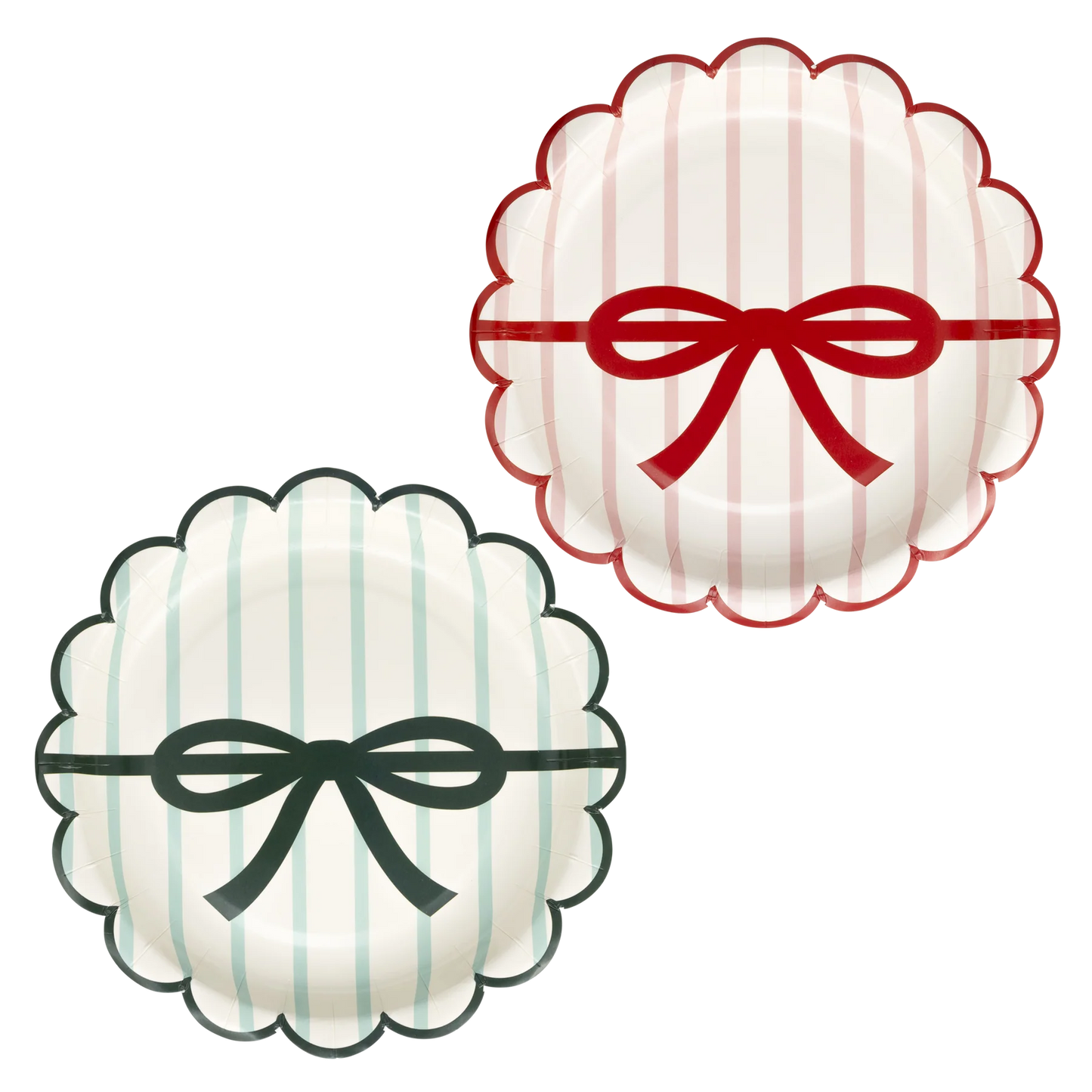 RED AND PINK GREEN AND MINT STRIPES AND BOW SCALLOPED 7" PLATE SET