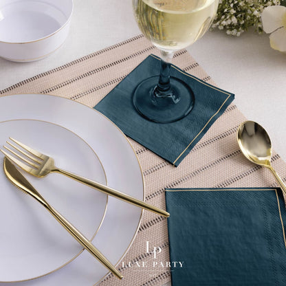 Teal Green with Gold Stripe Paper Cocktail Napkins | 20 Napkins