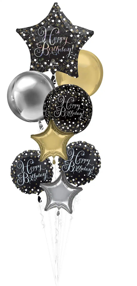 Sparkling Celebration "Happy Birthday" Star/Orbz Satin Foil Balloon Bouquet, Black/Gold, 8-pk