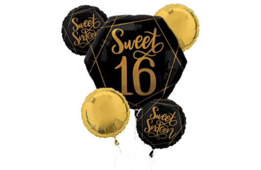 Metallic Blk & Gold Sweet 16 Balloon Bouquet 5pc