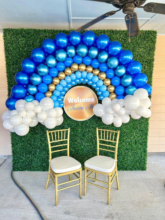 Blue Rush Rainbow Balloon Arch & Clouds