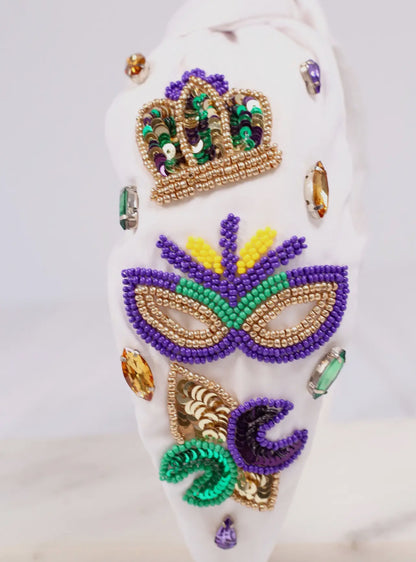 Mardi Gras White Beaded Headband