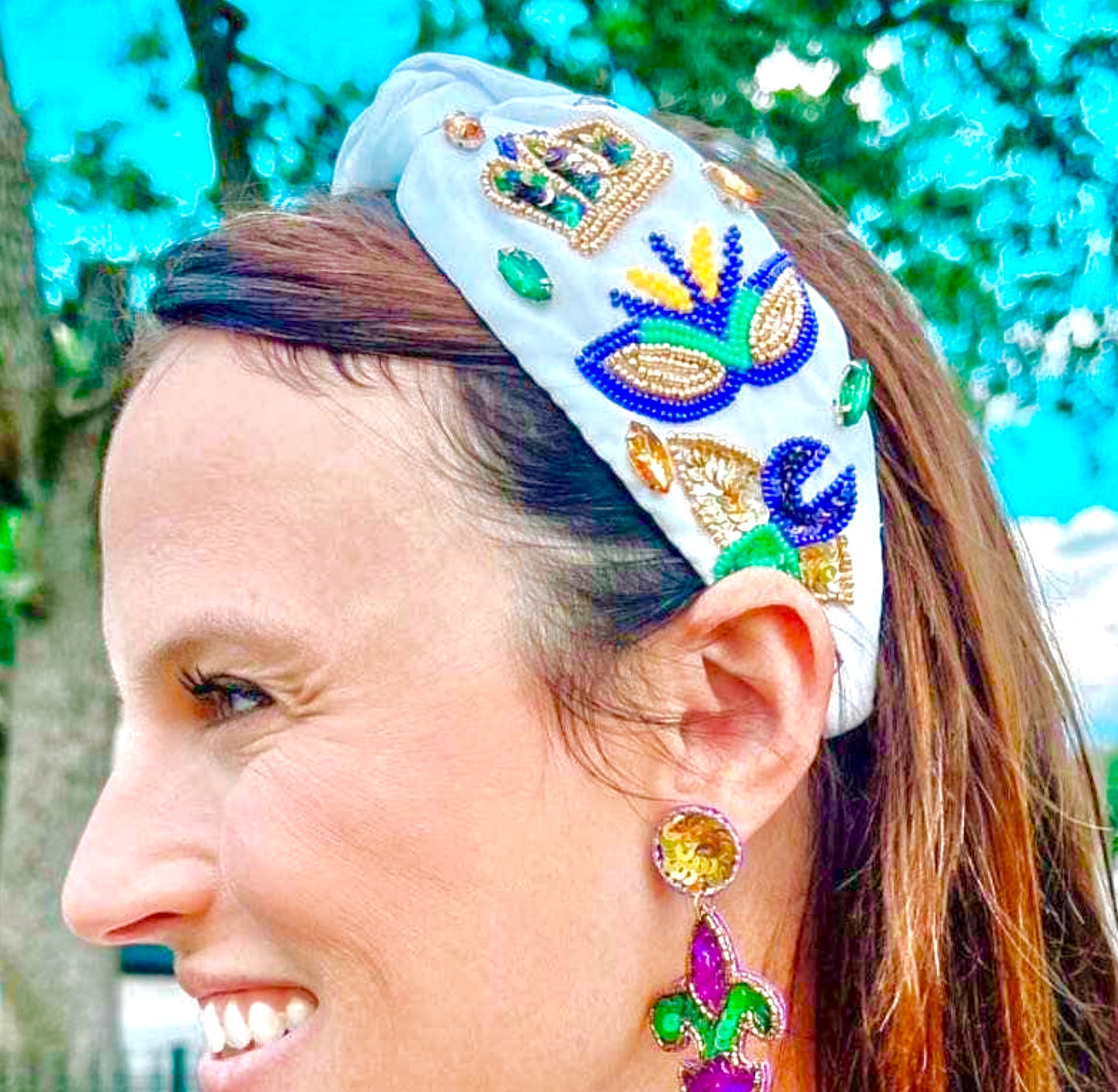 Mardi Gras White Beaded Headband