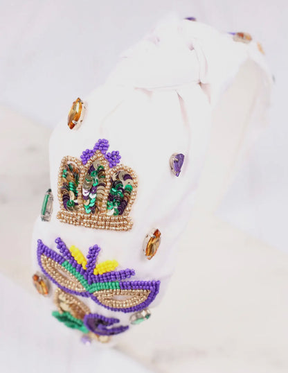 Mardi Gras White Beaded Headband