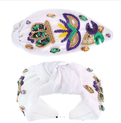 Mardi Gras White Beaded Headband