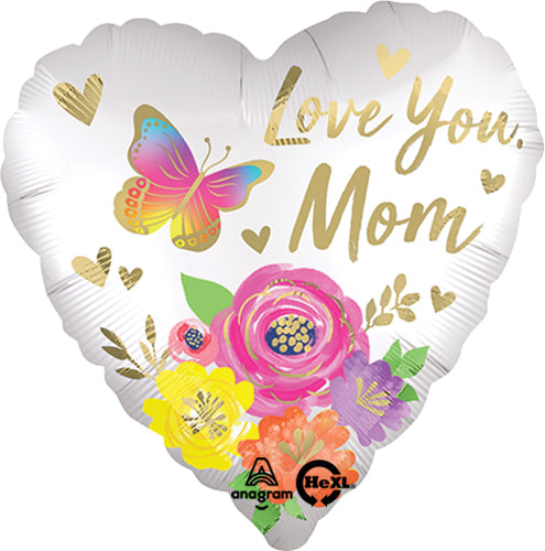 Love You Mom Satin Floral Balloon, 18 inch