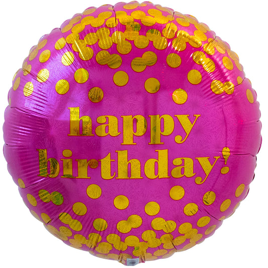Hot Pink & Gold Dots Holographic Happy Birthday, 18" Balloon