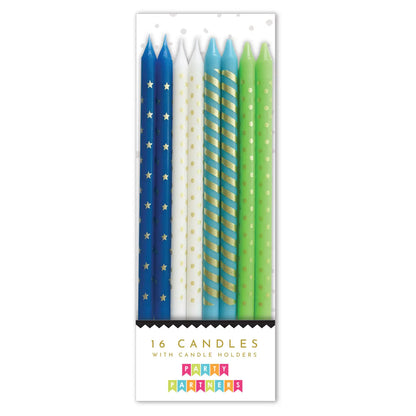 Tall Blue & Green Metallic Patterned 16 Candle Set
