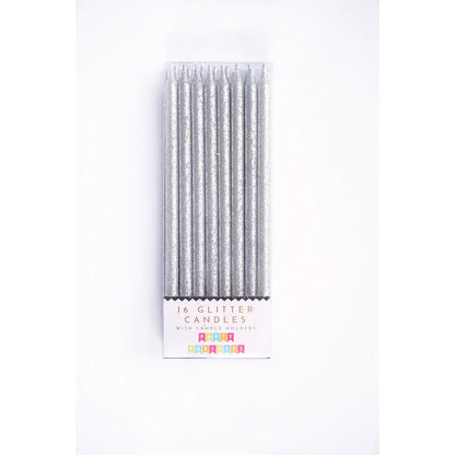 Tall Silver Glitter 16 Candle Set