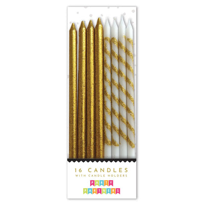 Tall Gold & Glitter Stripes Glitter 16 Candle Set
