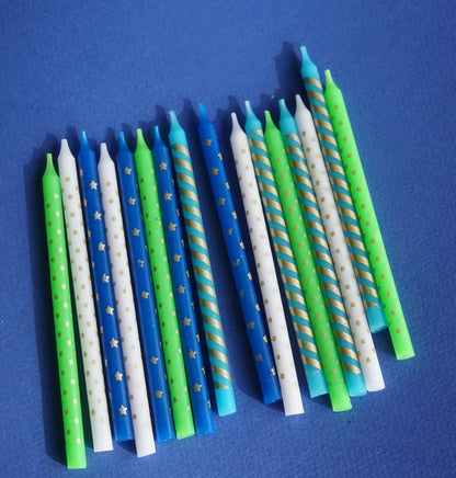 Tall Blue & Green Metallic Patterned 16 Candle Set